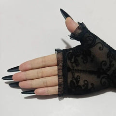 Skeleton Cross Lace Fingerless Gloves – Halloween Cosplay Accessory