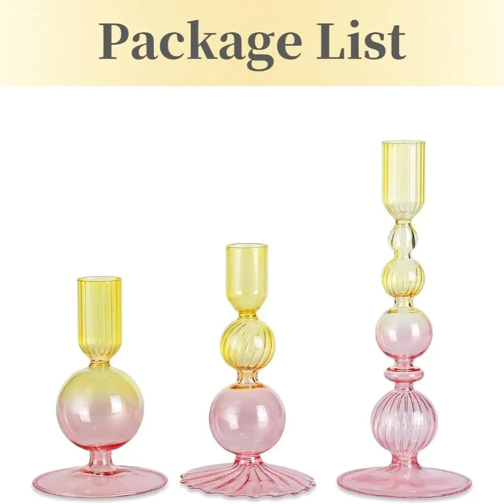 Three colorful glass candle holders on a white background with 'Package List' text at the top.