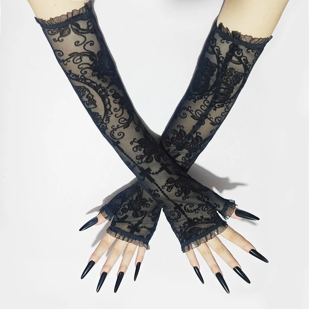 Skeleton Cross Lace Fingerless Gloves – Halloween Cosplay Accessory