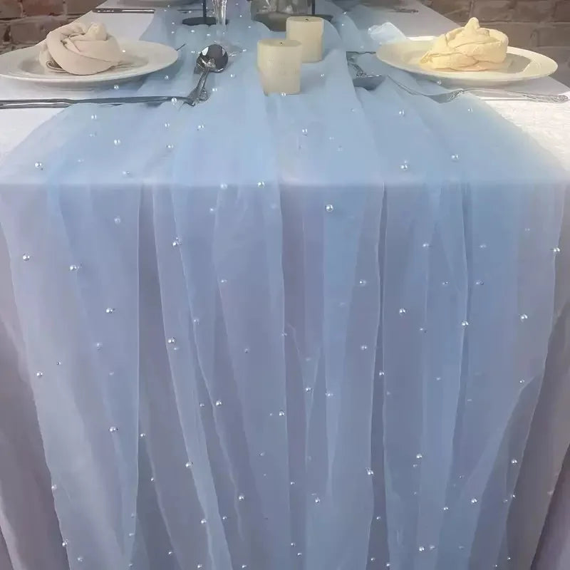 White Pearl Table Runner – Lace Tulle Wedding Decor