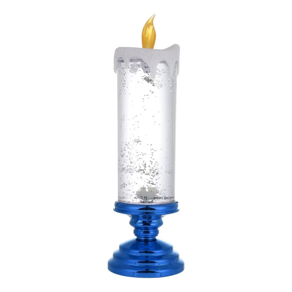 Decorative candle with blue base and clear glass holder on a white background