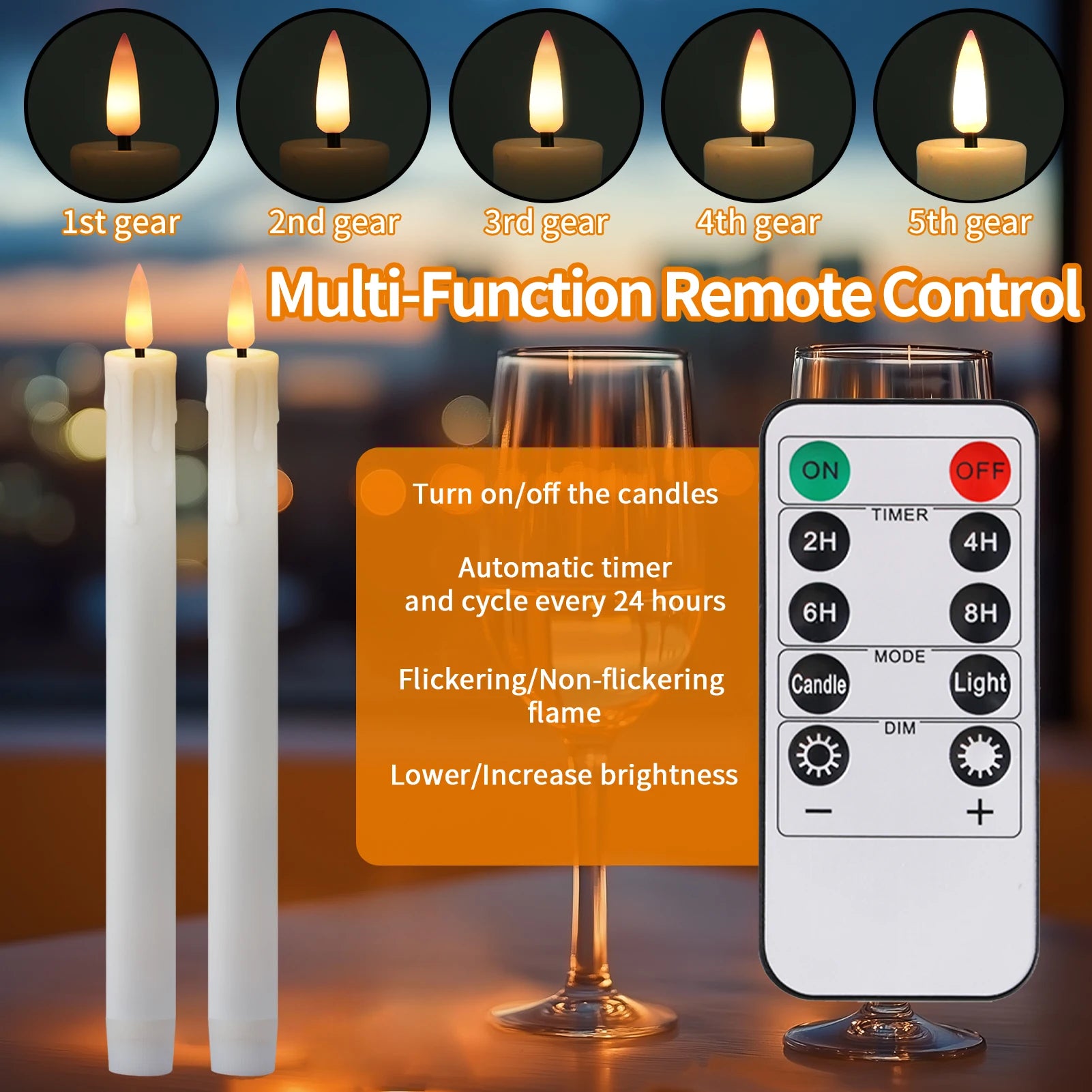 6Pcs Flameless LED Taper Candle Set with Timer and Holders