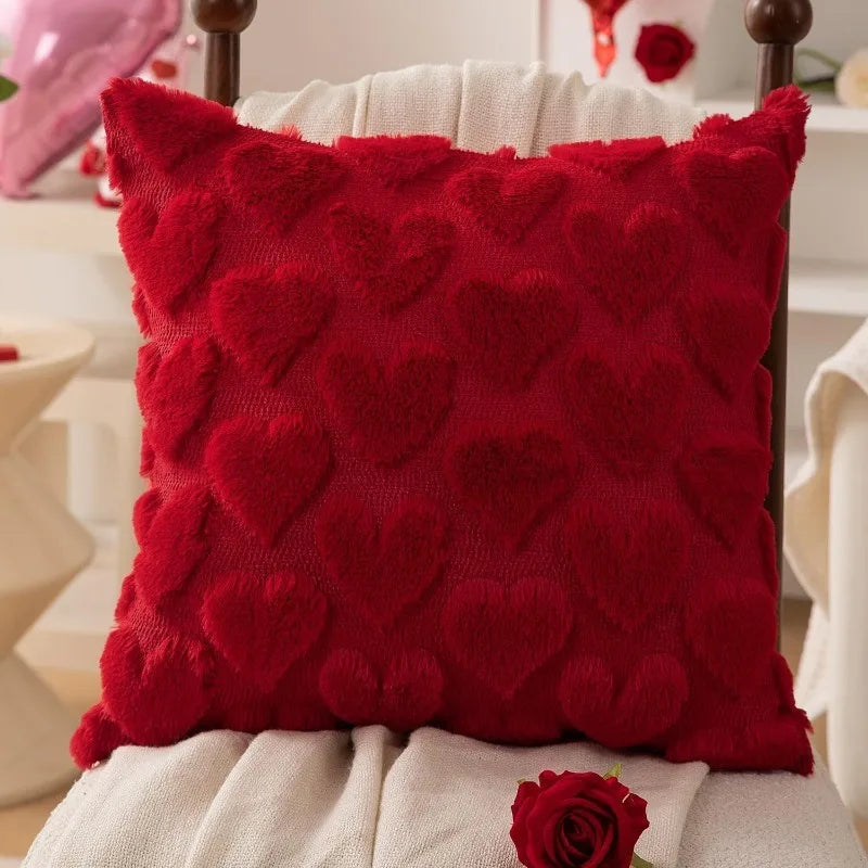 Valentine’s Day Plush Pillow Cover with Embroidered Heart