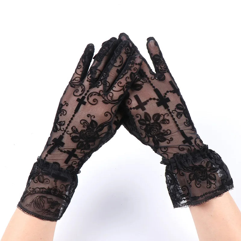 Skeleton Cross Lace Fingerless Gloves – Halloween Cosplay Accessory