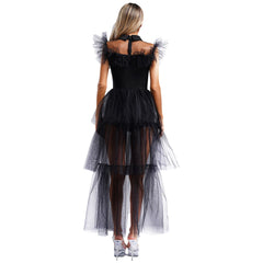 Gothic Witch Halloween Costume for Adults – Ruffled Mesh Long Dress with Belt