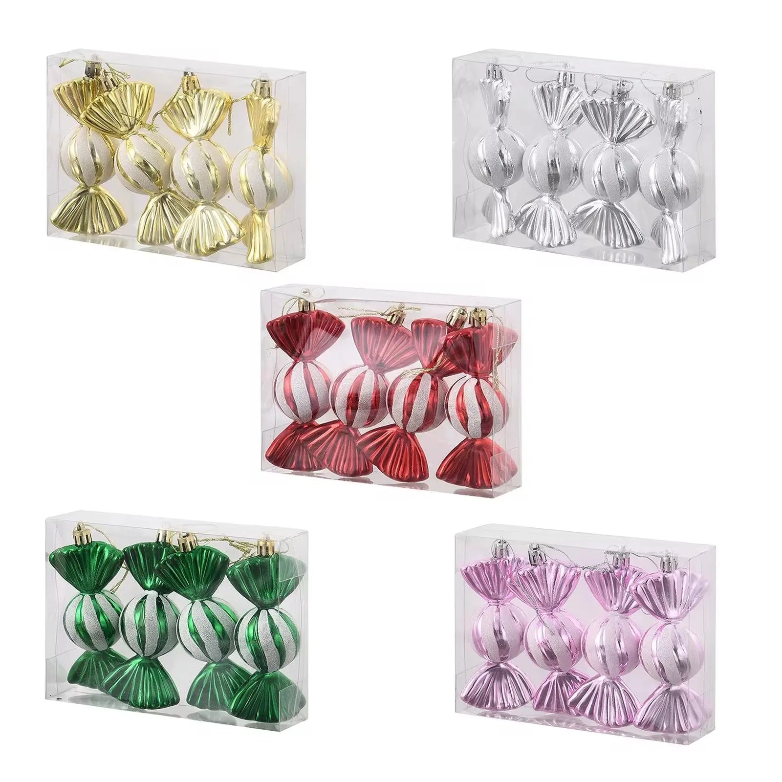 Set of colorful Christmas ornaments in clear packaging on a white background