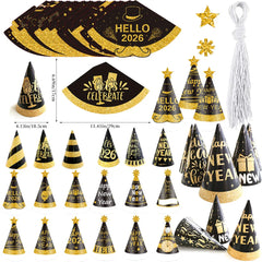 6pcs Black & Gold 2026 New Year Paper Cone Hats