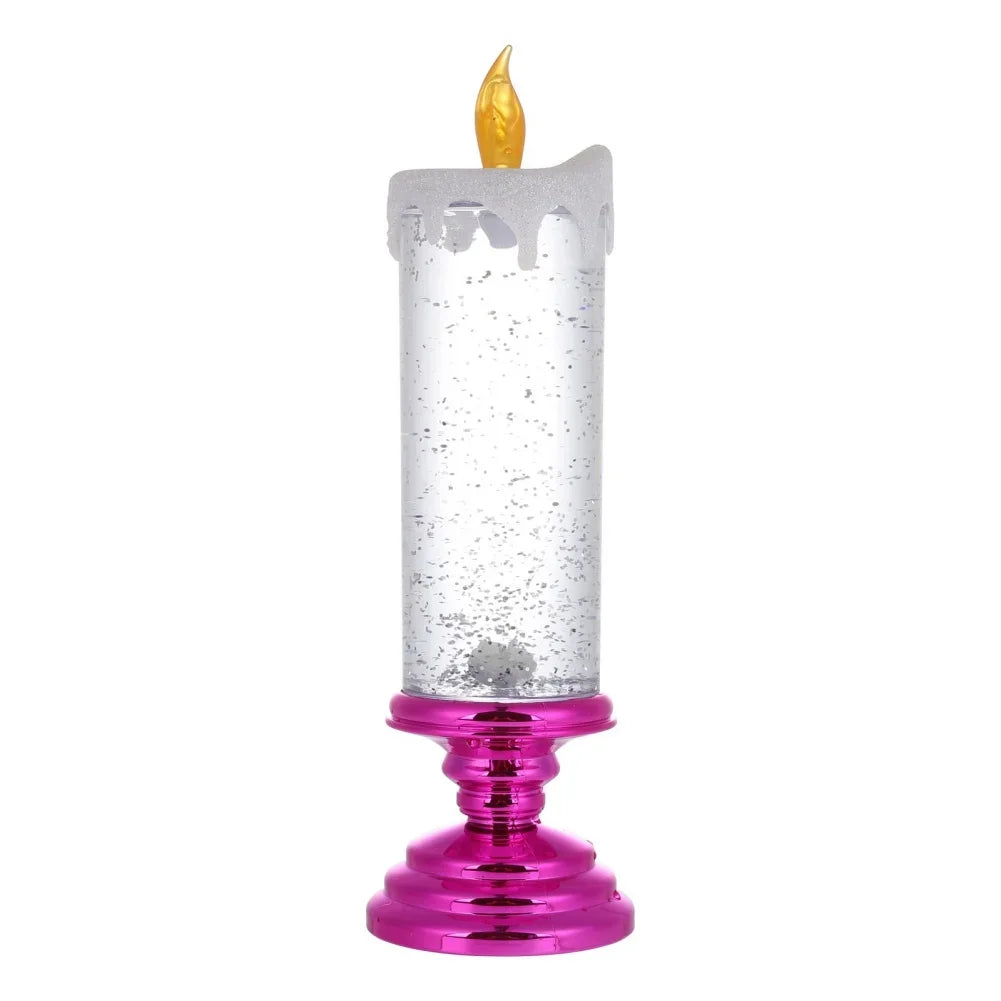 Decorative candle with a pink base and clear bubble-filled holder on a white background