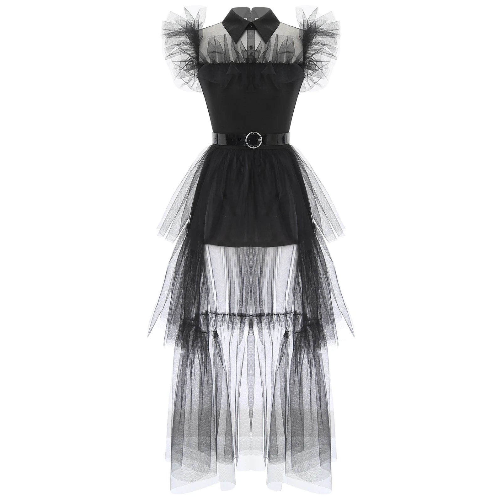 Gothic Witch Halloween Costume for Adults – Ruffled Mesh Long Dress with Belt