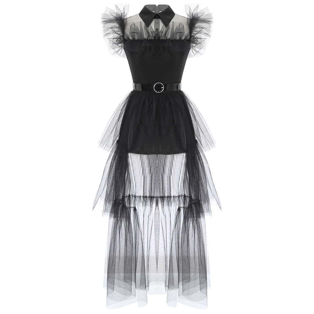 Gothic Witch Halloween Costume for Adults – Ruffled Mesh Long Dress with Belt - candletown.net