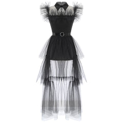 Gothic Witch Halloween Costume for Adults – Ruffled Mesh Long Dress with Belt