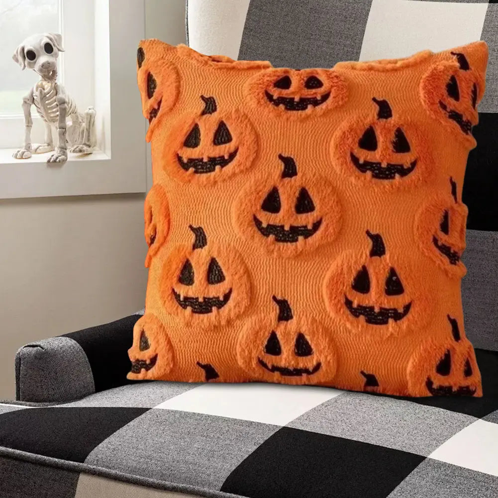 Halloween Pumpkin Pillow Cover – Embroidered Faux Wool Cushion Cover 45 × 45 cm