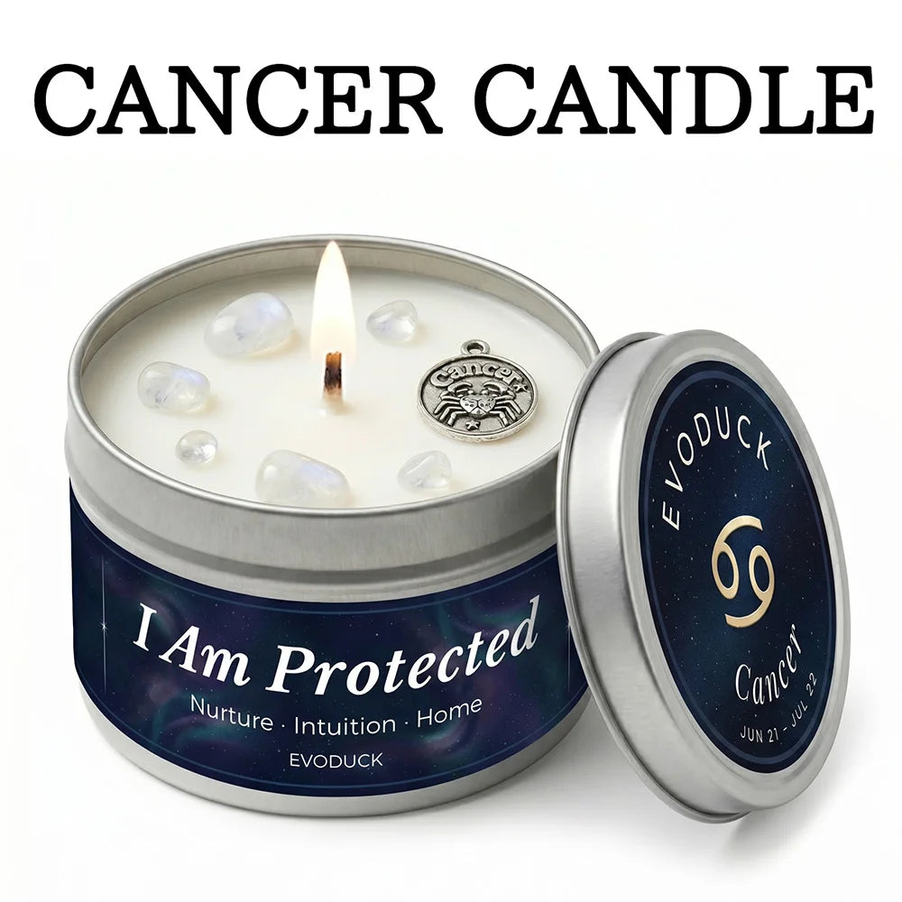 Candle in a tin labeled 'Cancer Candle' with 'I Am Protected' text, featuring the brand 'Evoduck'.