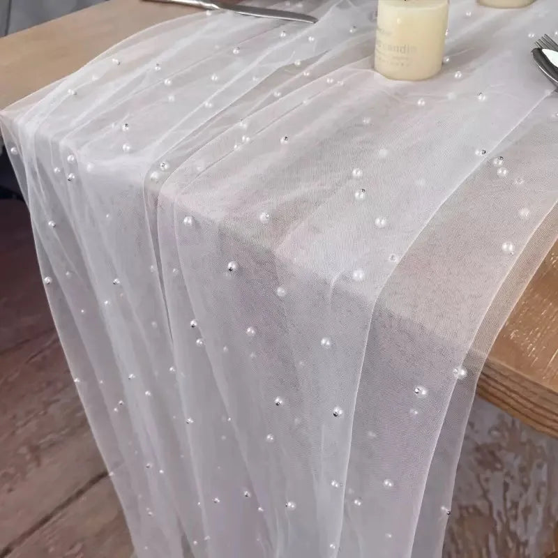 White Pearl Table Runner – Lace Tulle Wedding Decor