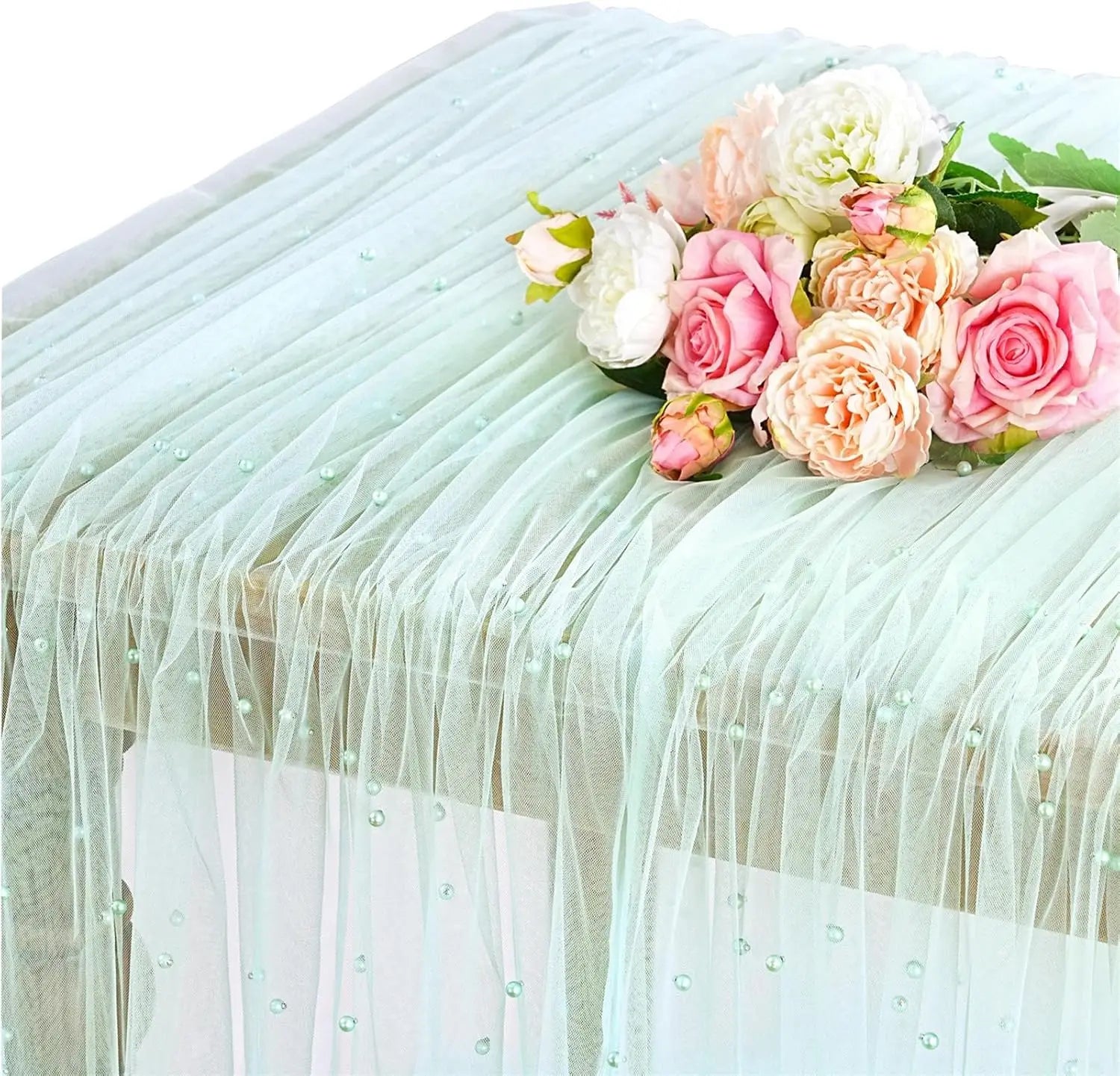 White Pearl Table Runner – Lace Tulle Wedding Decor