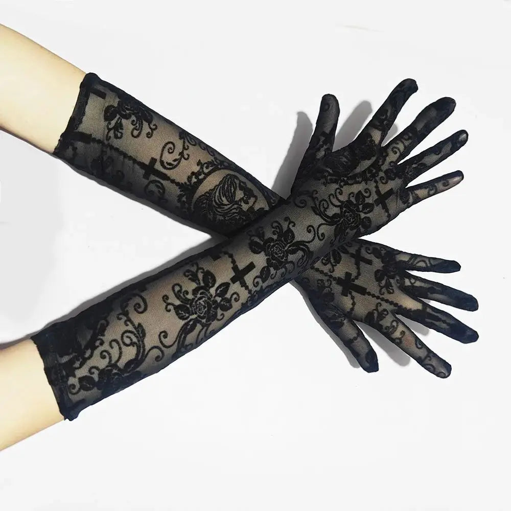 Skeleton Cross Lace Fingerless Gloves – Halloween Cosplay Accessory