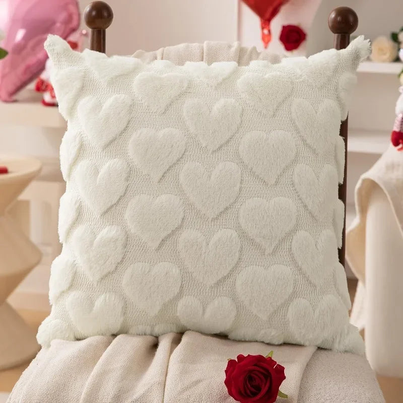 Valentine’s Day Plush Pillow Cover with Embroidered Heart