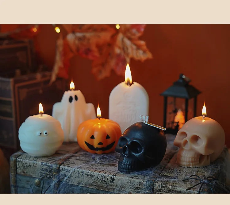 Halloween Kynttiläsarja – Käsintehdyt Tuoksukynttilät (Kallo, Kurpitsa, Hautakivi)