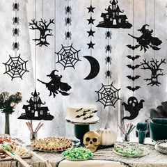 6pcs Halloween Felt Hanging Banner – Witch, Ghost, Bat & Spider Garland Set