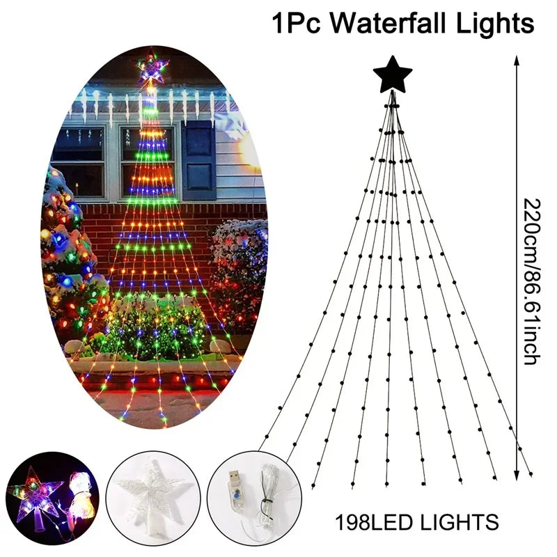 Waterfall lights with a star top, shown with a measurement of 220cm and 198 LED lights, displayed against a white background.