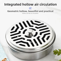 Metallic air circulation device with geometric design on a light background