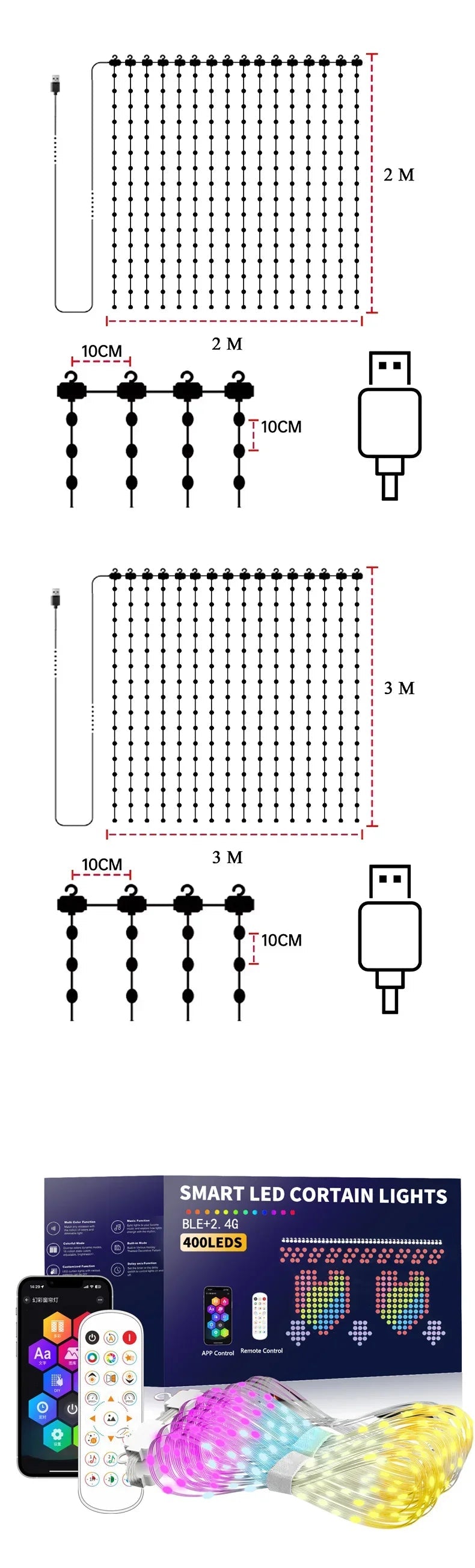Smart Curtain Lights with Bluetooth App Control - RGB LED String for DIY Decor - candletown.net