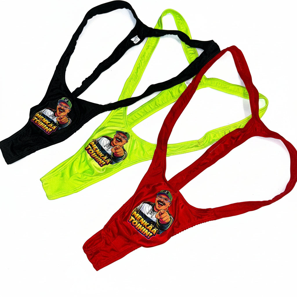 Three pairs of men's borat in red, green, and black with a graphic design on a white background.