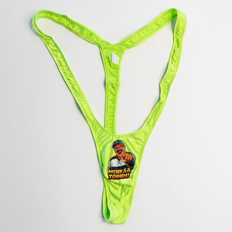 Neon green borat with graphic design on a beige background