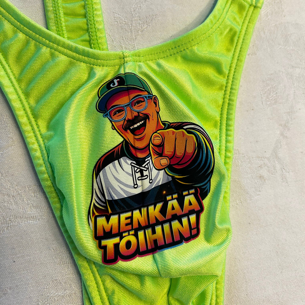 Neon green men's borat with a graphic design on a light gray background