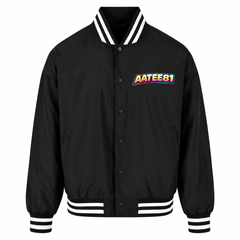 A black varsity-style bomber jacket with white striped ribbed collar, cuffs, and hem, featuring a colorful 'AATEE81' graphic on the left chest, displayed on a clean white background.