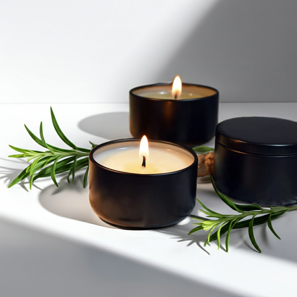 Two lit candles in black containers with rosemary leaves on a white surface