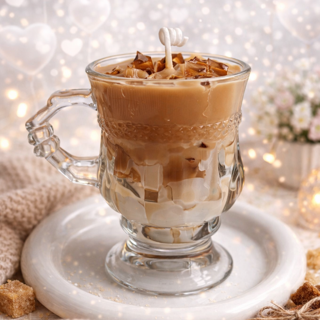 Glass mug with layered coffee drink on a white marble coaster, surrounded by cinnamon sticks and sugar cubes.