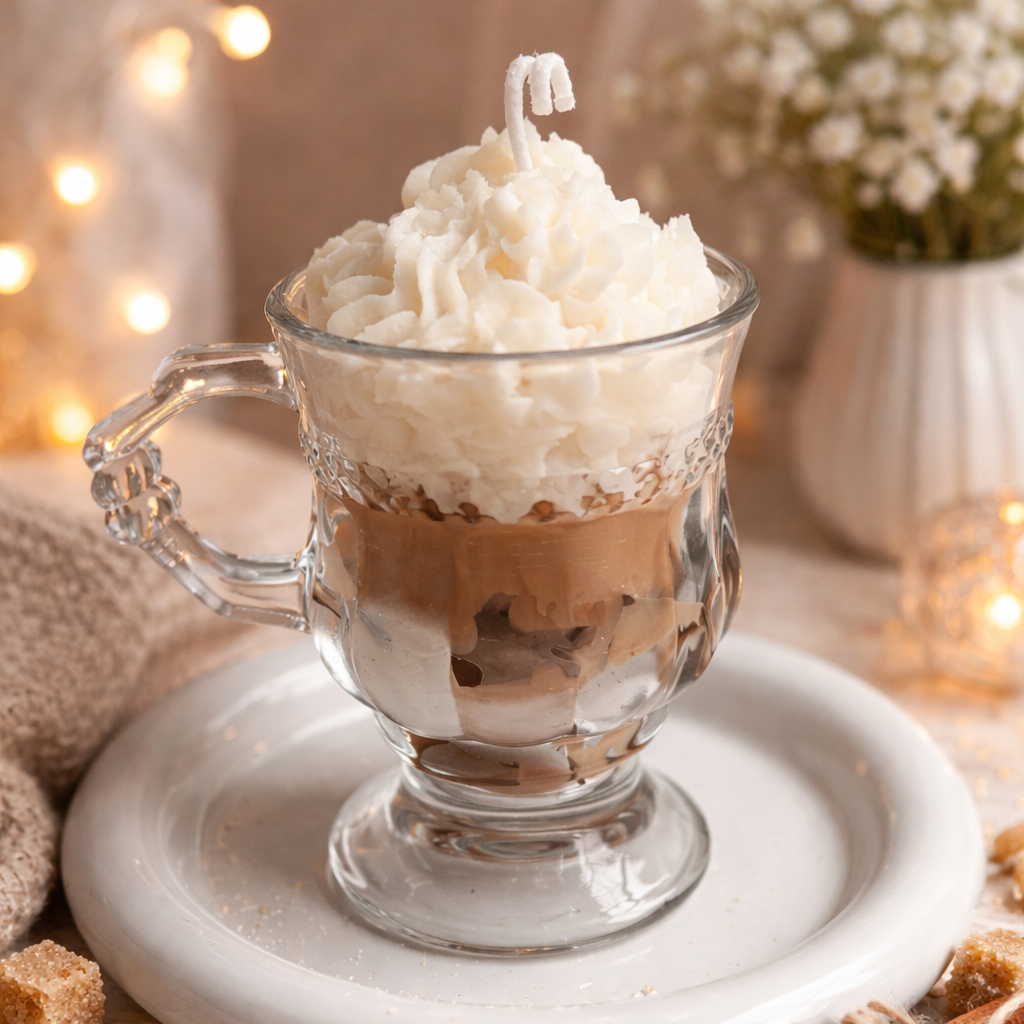 Hot chocolate with whipped cream in a clear glass mug on a white plate, surrounded by cinnamon sticks and sugar cubes.
