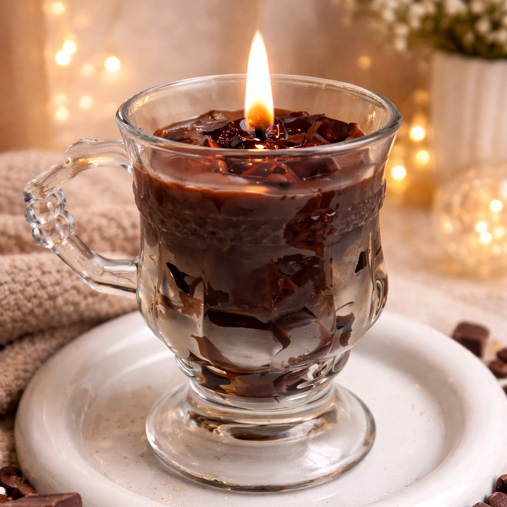 Glass mug with a candle made of coffee and chocolate, surrounded by chocolate pieces and coffee beans on a soft surface.