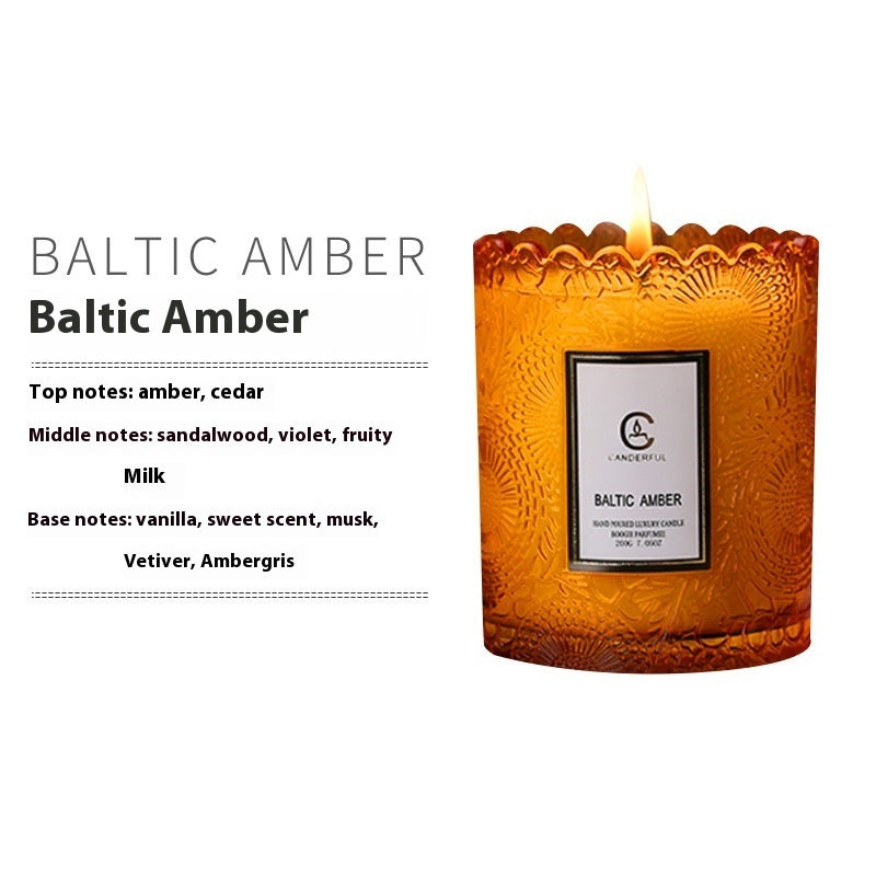 Baltic Amber candle with label and description on a white background