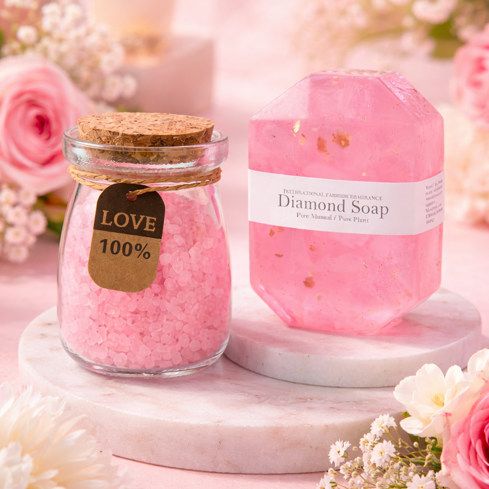 Two pink products labeled 'Love' and 'Diamond Soap' on a decorative surface with flowers.