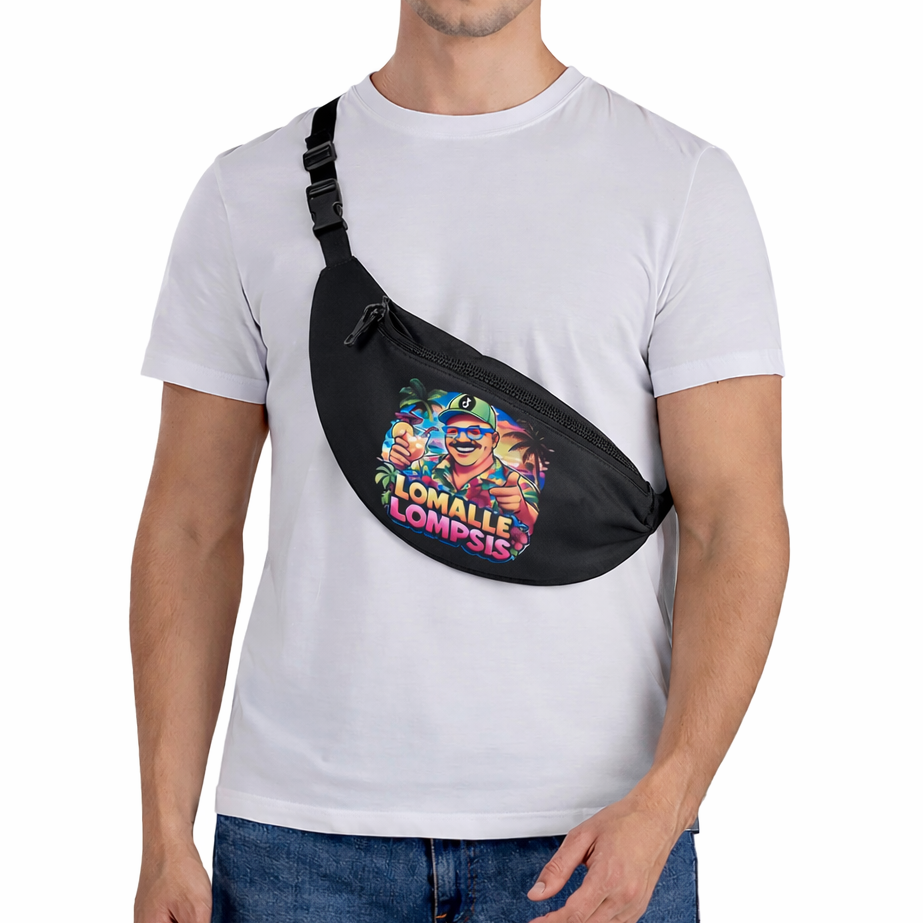 Person wearing a black sling bag with colorful design and text on a white background