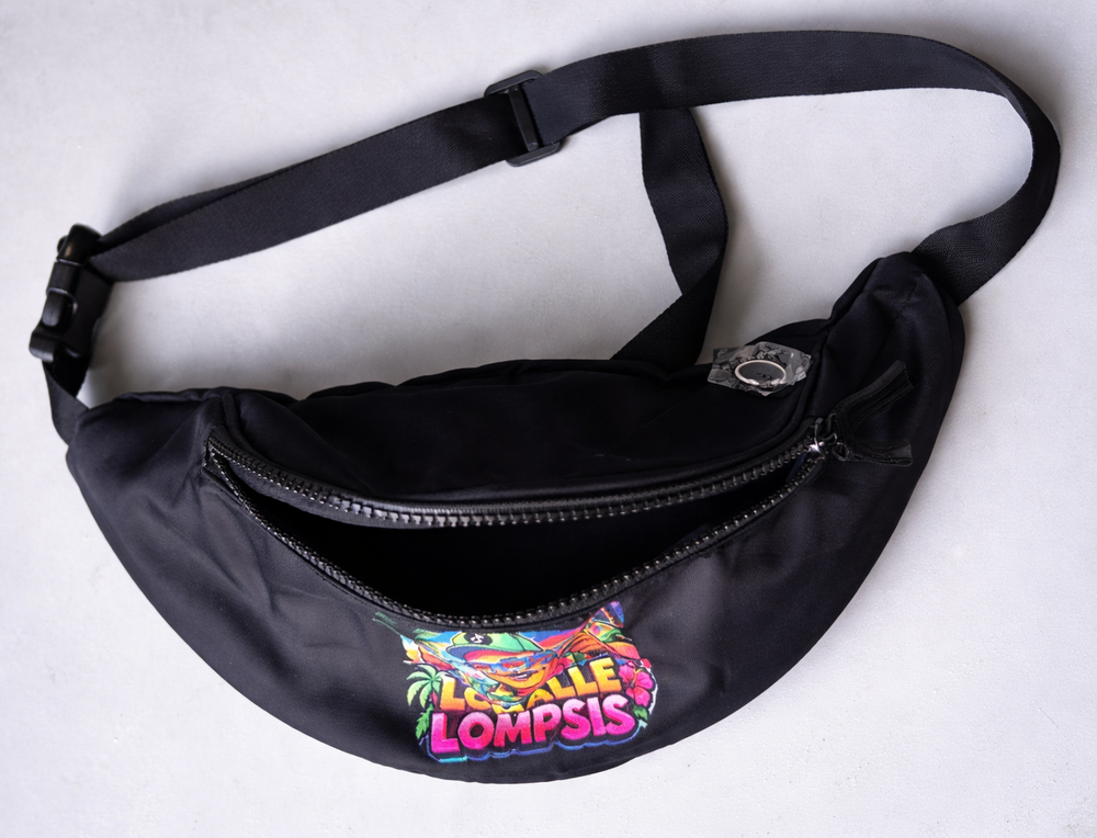 Black waist bag with colorful logo on a white background