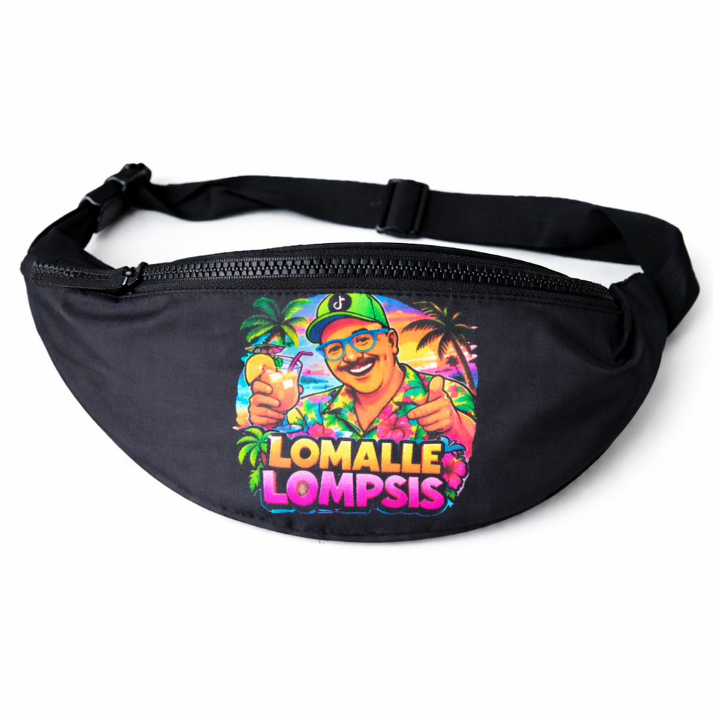 Black fanny pack with colorful graphic design on a white background