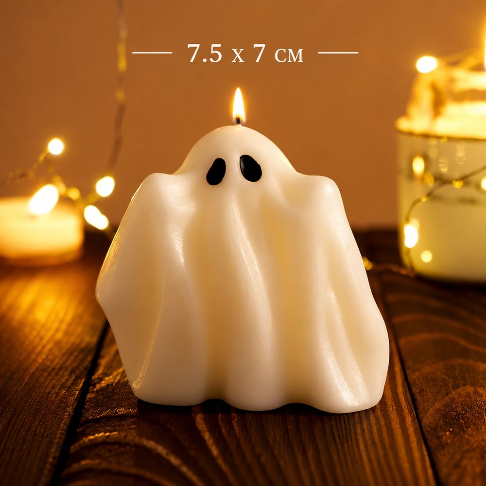 A ghost-shaped white candle with black eyes and a lit wick, shown on a wooden surface with warm string lights in the background. White text at the top reads '7.