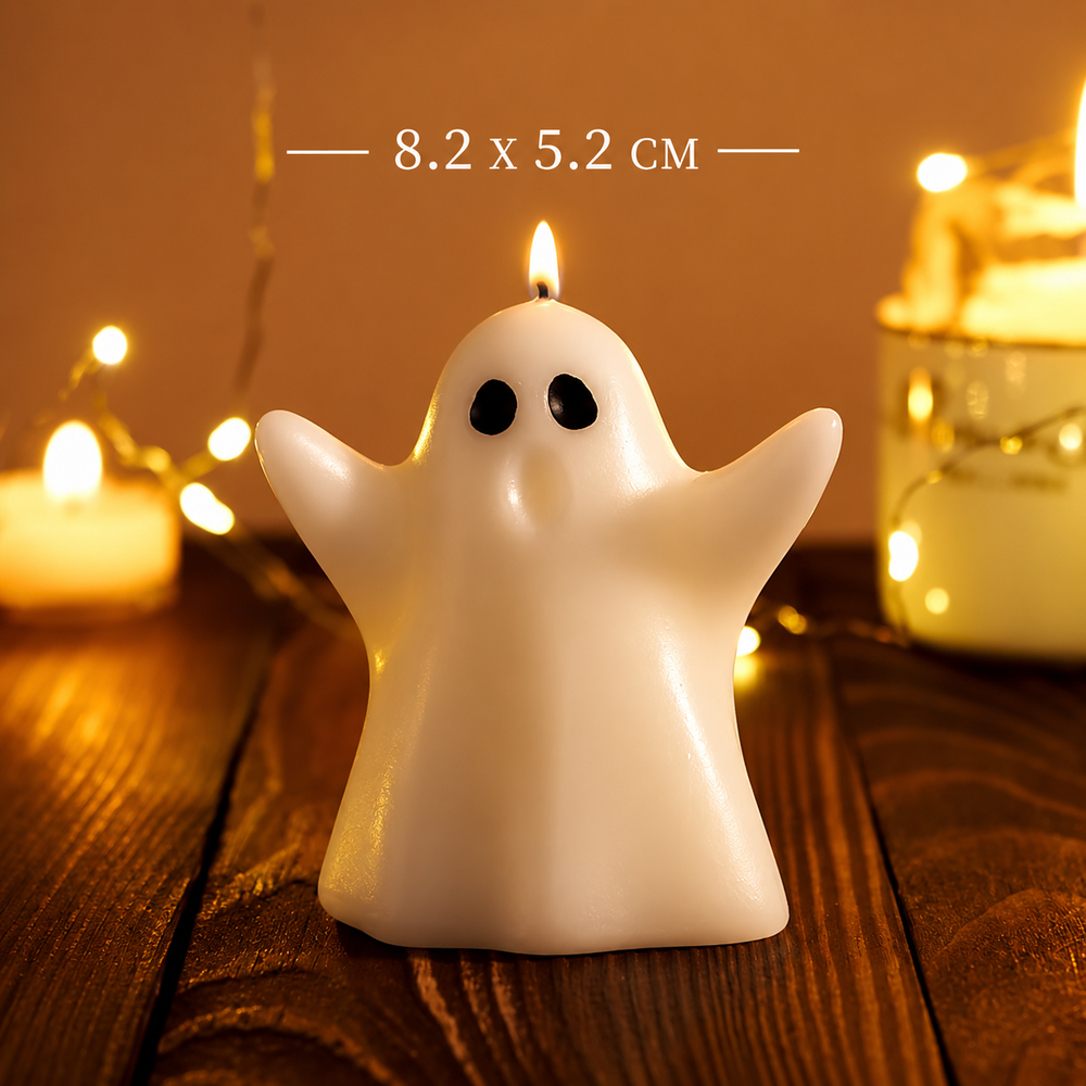 A ghost-shaped white candle with black eyes sits on a wooden surface, surrounded by warm glowing candles and string lights. White text at the top reads '8.