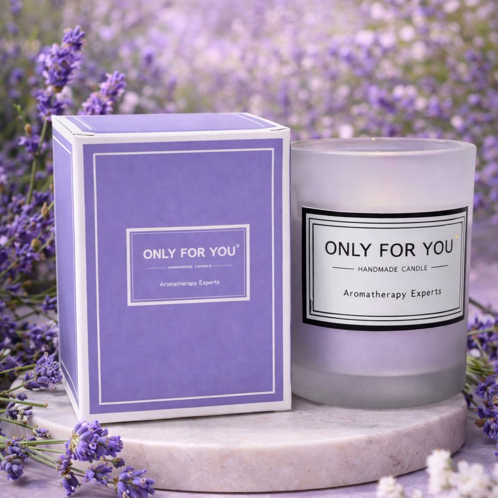 Candle and packaging with 'Only For You' branding against a lavender background
