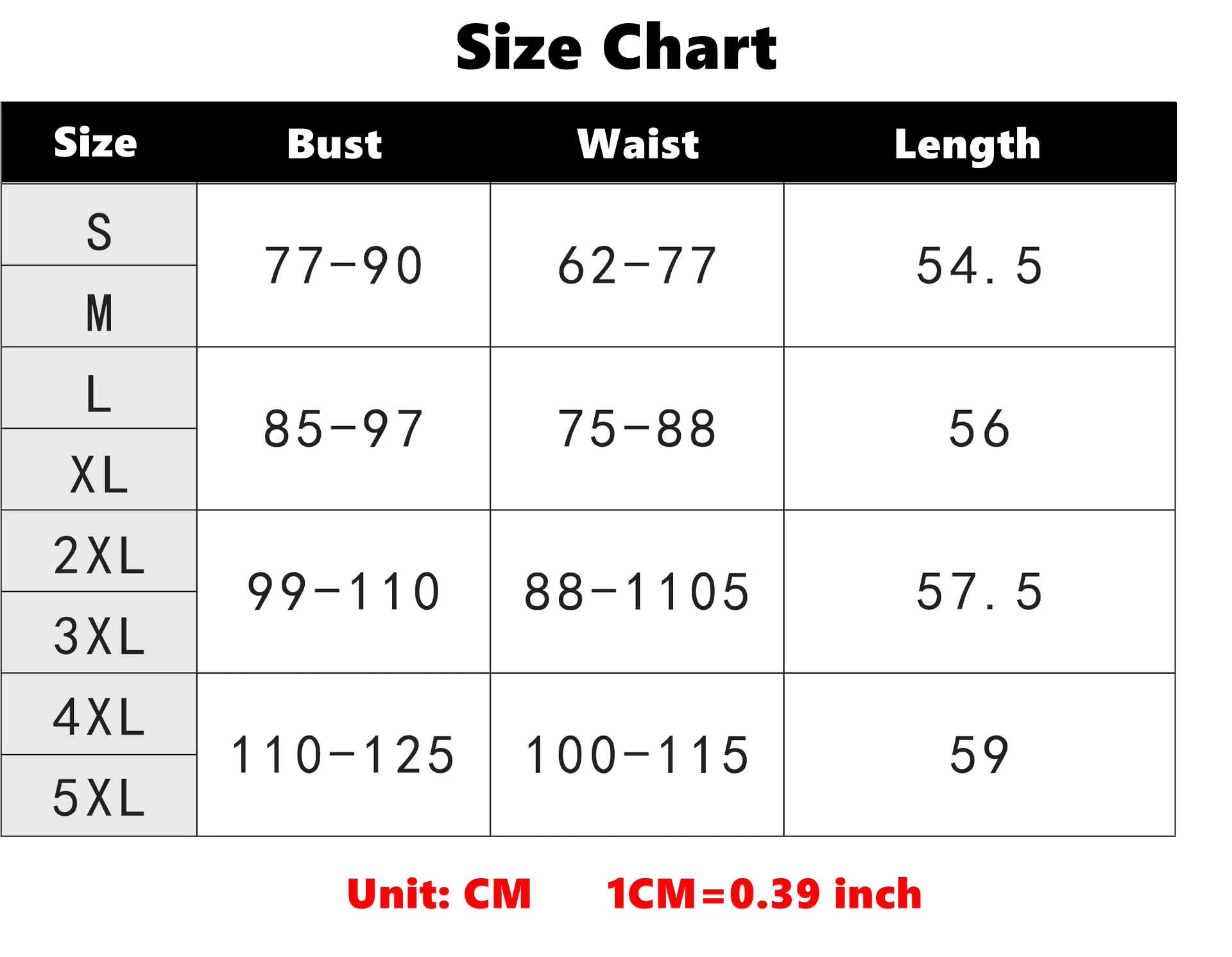 Size chart for clothing with measurements in centimeters