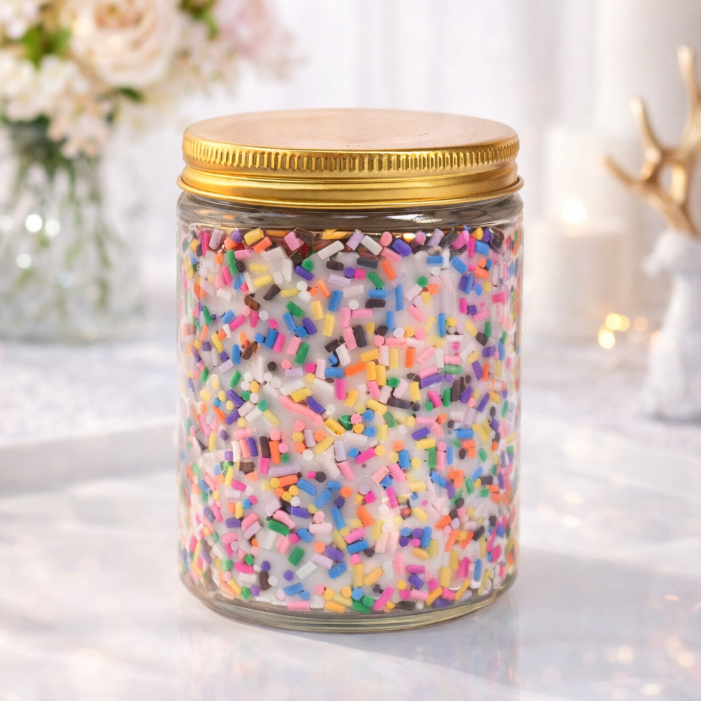 Jar of colorful sprinkles with a gold lid on a light surface with a blurred floral background